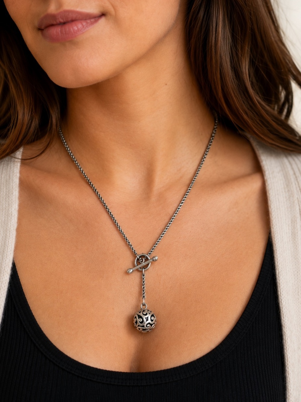 SILPADA N1619 Oxidized Sterling Silver Filigree Pendant Necklace Toggle Clasp - Picture 2 of 7
